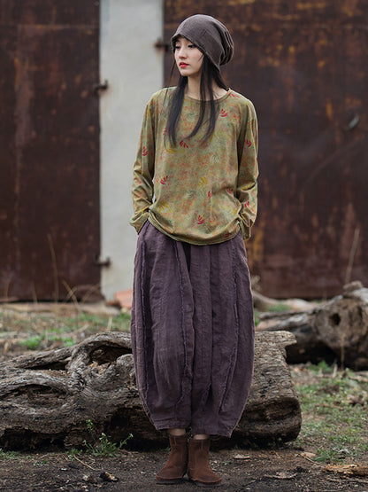 Women Vintage Autumn O-Neck Flower Cotton Blouse AT1008 BUYKUD