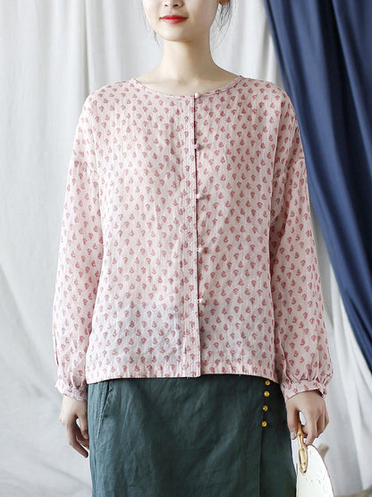 Women Vintage Floral Spring Ramie Button-up Shirt AA1004 Ada Fashion