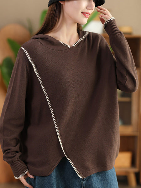 Women Autumn Casual Split Hem Knit Hooded Blouse AI1066 ZMMM