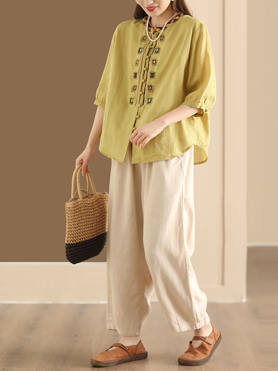 Women Summer Ethnic Embroidery Ramie Shirt ZZ1053 Ada Fashion