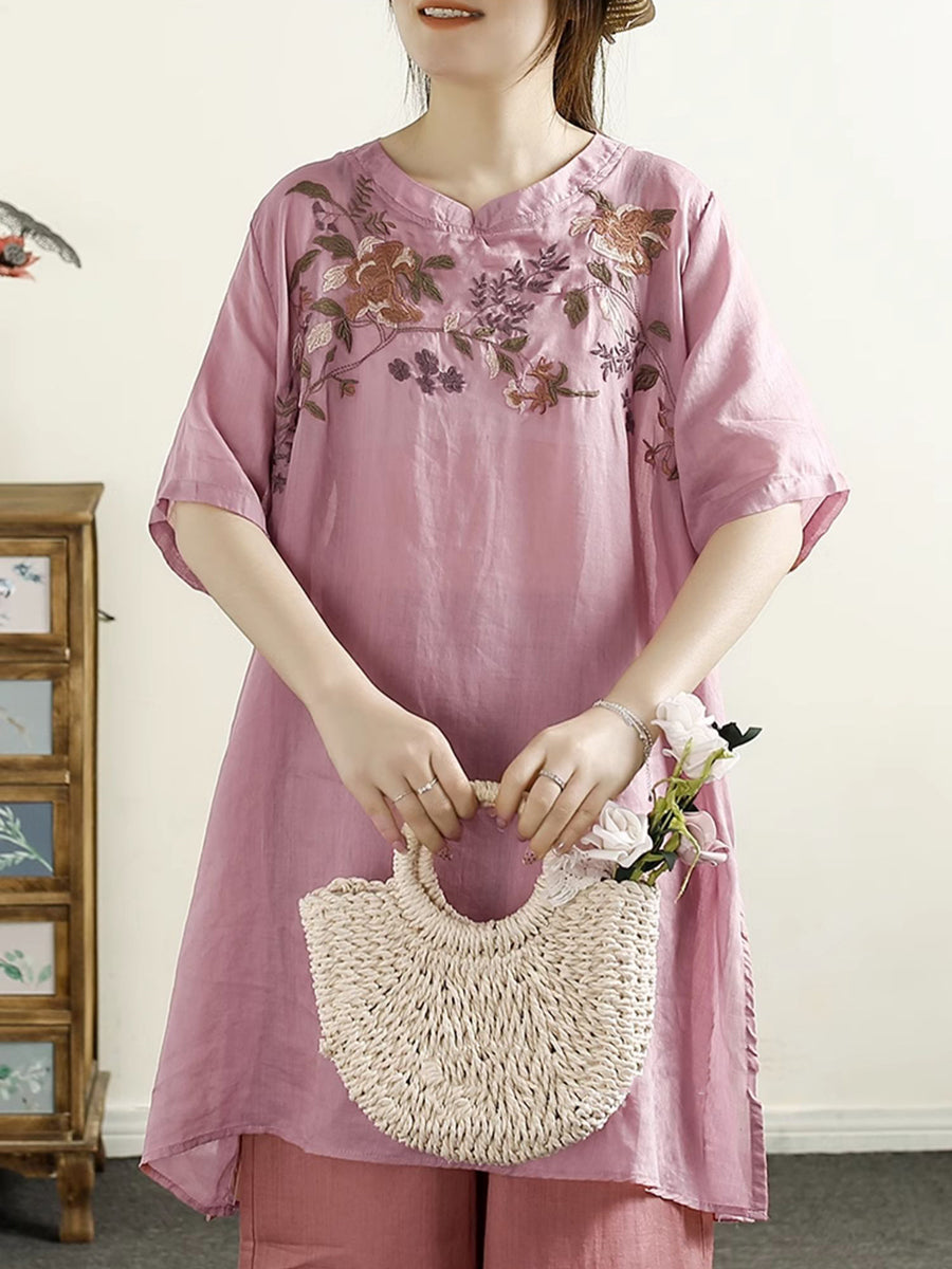 Women Summer Artsy Flower Embroidery Ramie Shirt TY1026 Ada Fashion