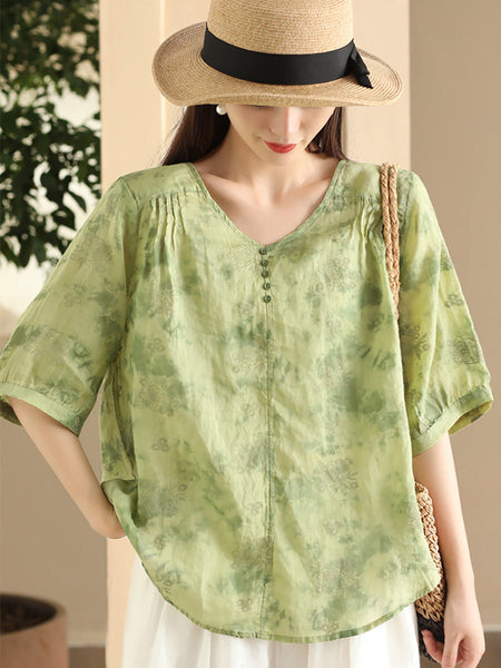 Women Summer Artsy Flower V-Neck Thin Ramie Shirt FD004 BUYKUD