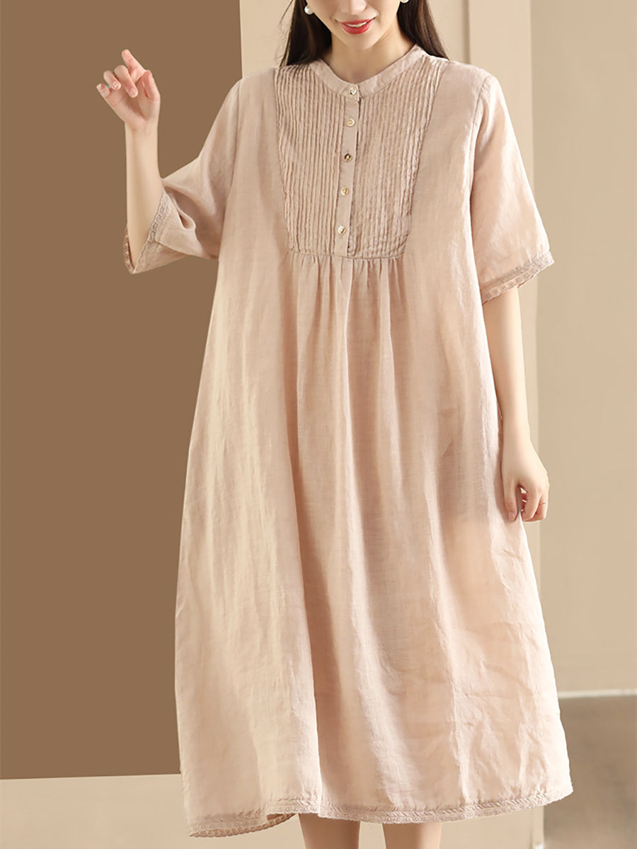 Women Summer Casual Solid Shirred Button Linen Dress HH019 LN