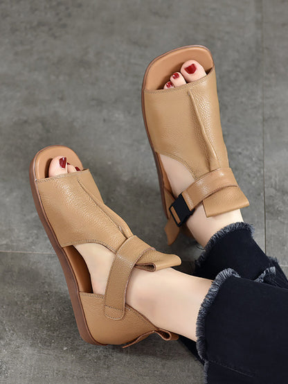 Women Summer Solid Leather Open-toe Flat Shoes UI1023 Ada Fashion