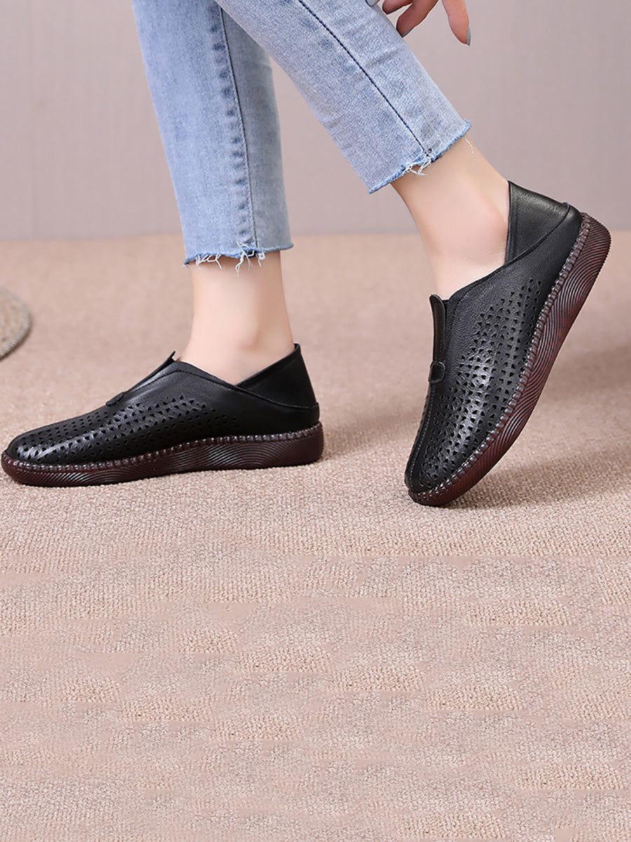 Women Summer Solid Casual Leather Cutout Flat Shoes HH048 HNXZ