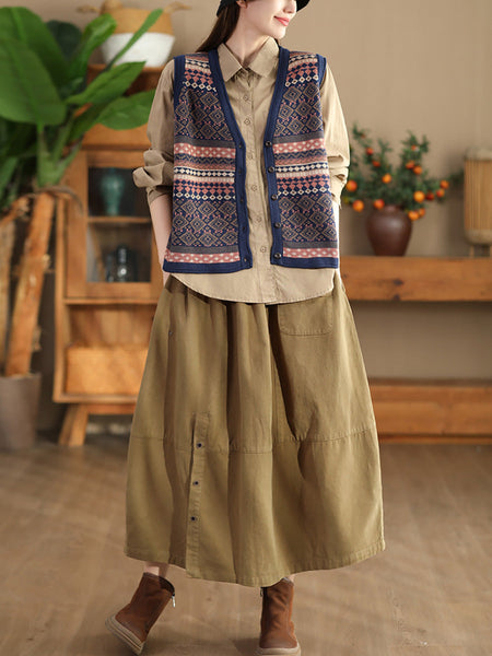 Women Ethnic Stripe V-Neck Cotton Vest WG027 BUYKUD