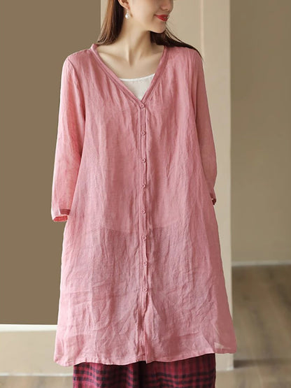 Women Summer Casual Solid Linen Button-up Long Shirt SC1033 Ada Fashion