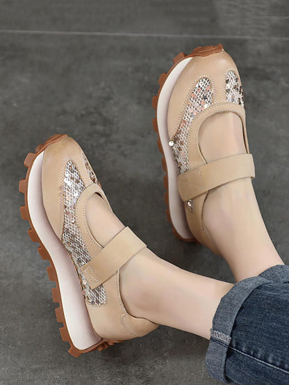 Women Summer Leather Spliced Mesh Sequin Platform Shoes XX1022 Ada Fashion