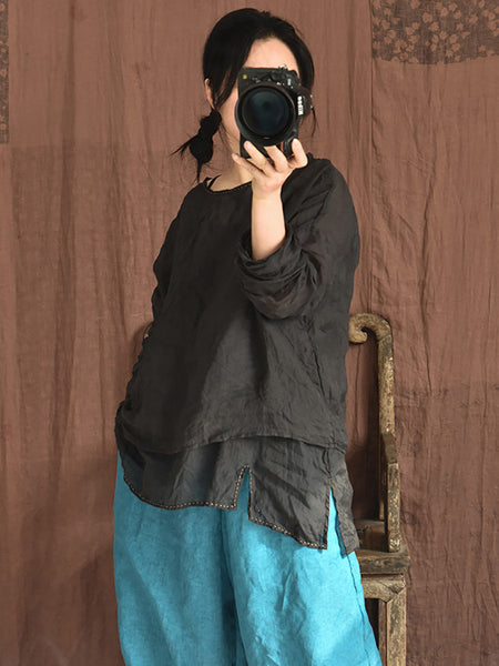 Women Casual Solid Split Hem Stitching Loose Ramie Vest LL023 QYMM