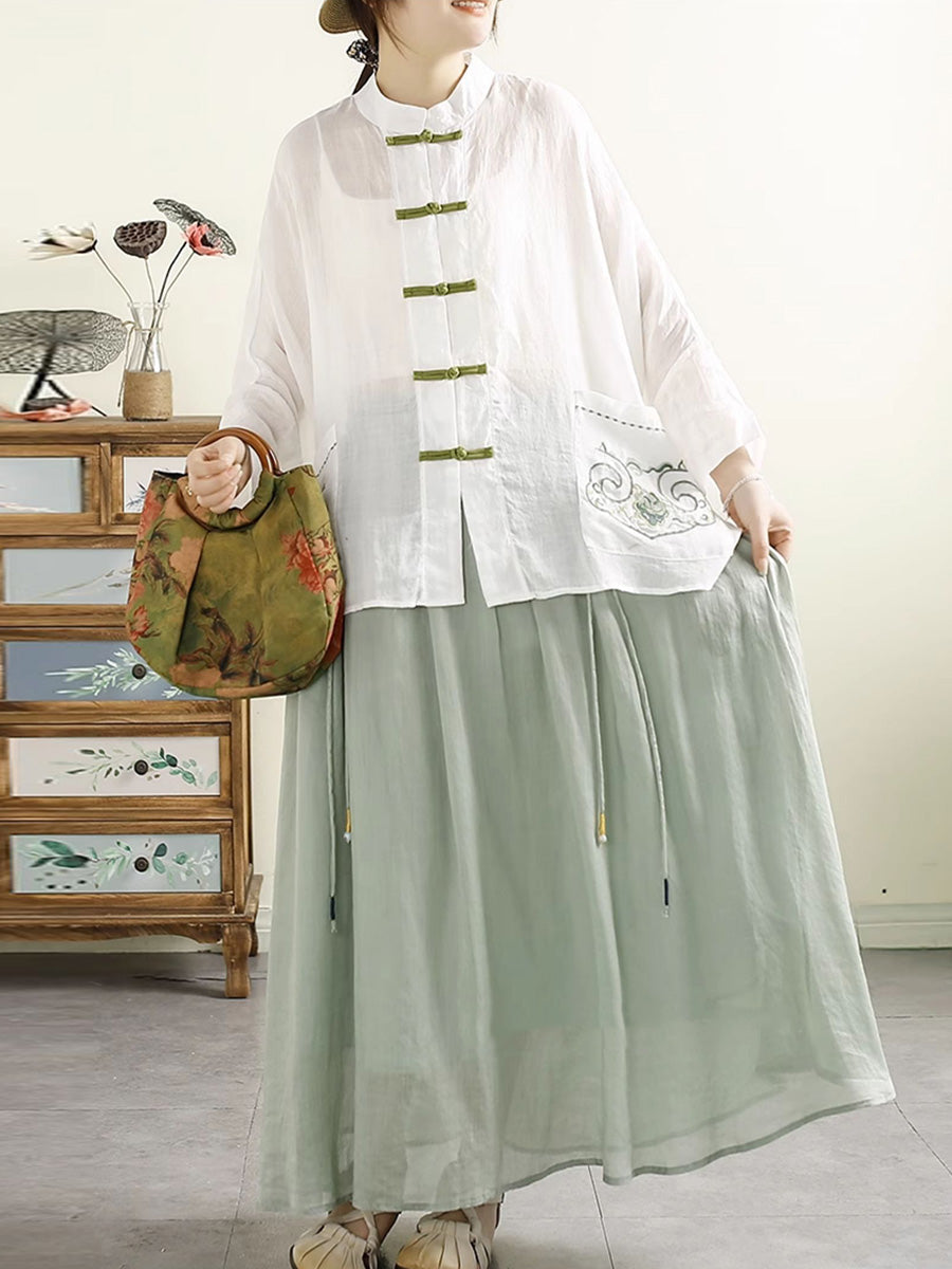 Women Summer Vintage Embroidery Ramie Shirt QW1045 Ada Fashion