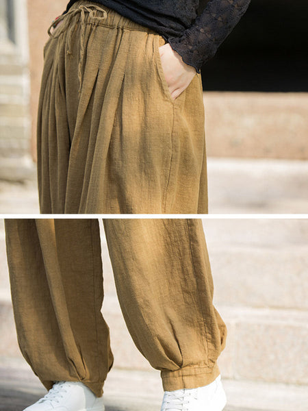 Women Autumn Vintage Solid Ramie Loose Bloomers AV1057 Genistyle Shop