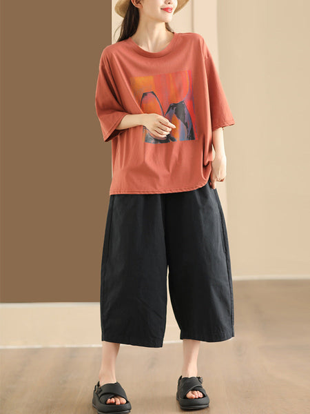 Women Summer Casual Print O-Neck Loose Shirt HH042 LPP