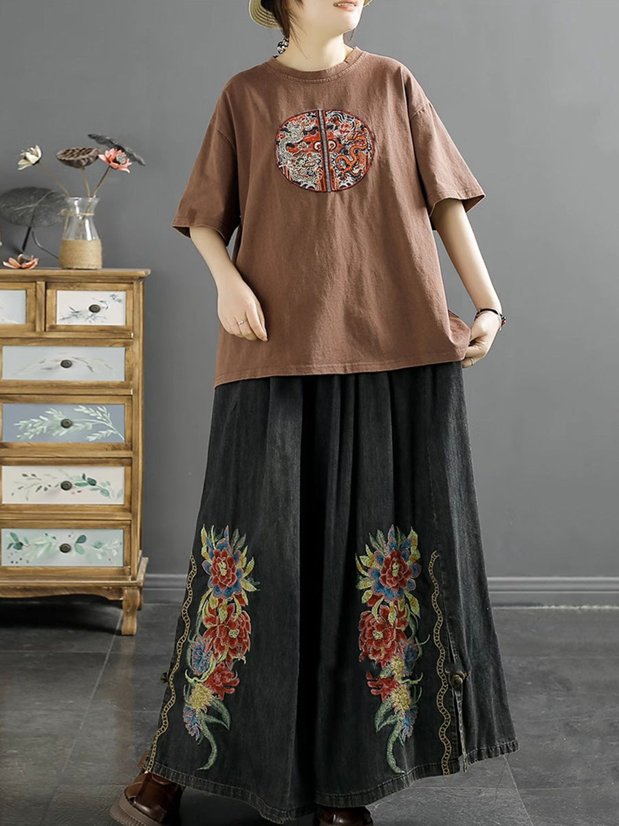 Women Summer Artsy Flower Embroidery Wide-leg Denim Pants CO1043 Ada Fashion