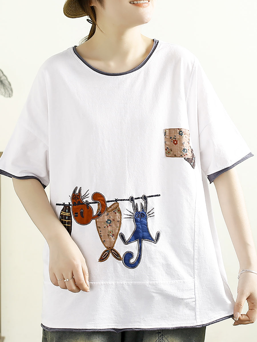 Women Summer Casual Cat Fish Spliced Cotton Shirt CV1038 Ada Fashion