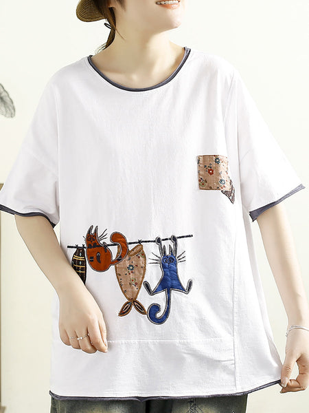 Women Summer Casual Cat Fish Spliced Cotton Shirt CV1038 Ada Fashion