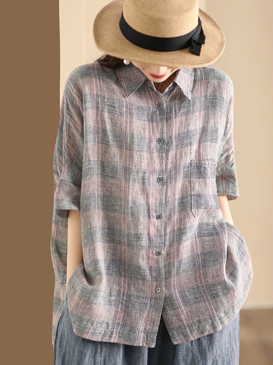 Women Retro Summer Plaid Linen Button-Up Blouse CO1006 Ada Fashion