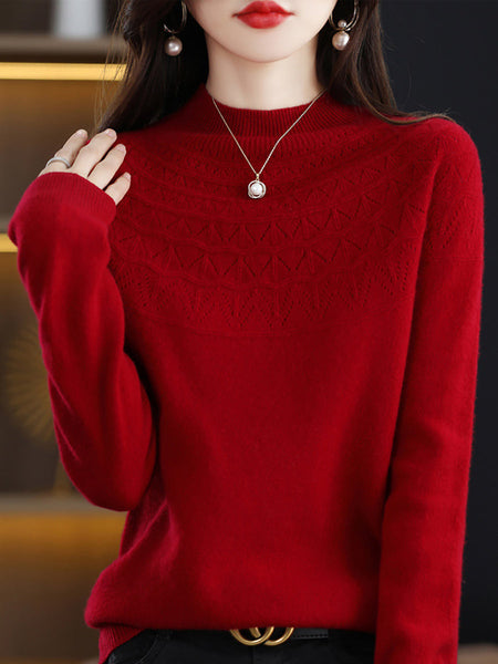 Women Autumn Solid Cable Knit 100%Wool Half Turtleneck Sweater QN017 BK