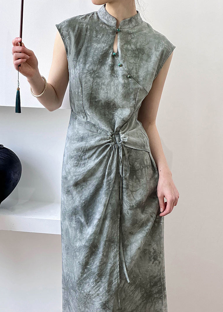 New Grey Button Lace Up Silk Cotton Long Dress Summer AF1012 HS-SDL240914