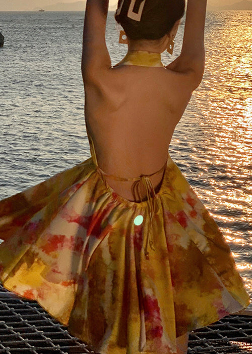 Dresses Up Chiffon Yellow Mini Print Stylish Lace Backless FashionChic