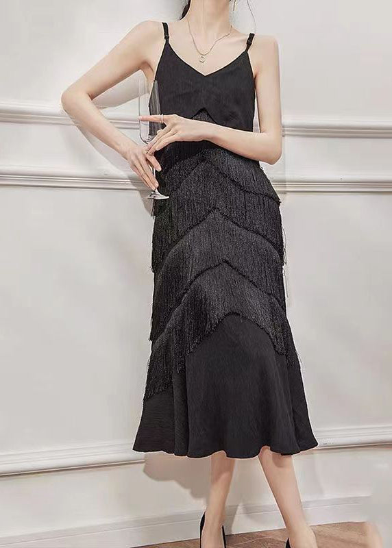 French Black Tasseled Vacation Strap Fishtail Dress Summer AJ1026 shopify