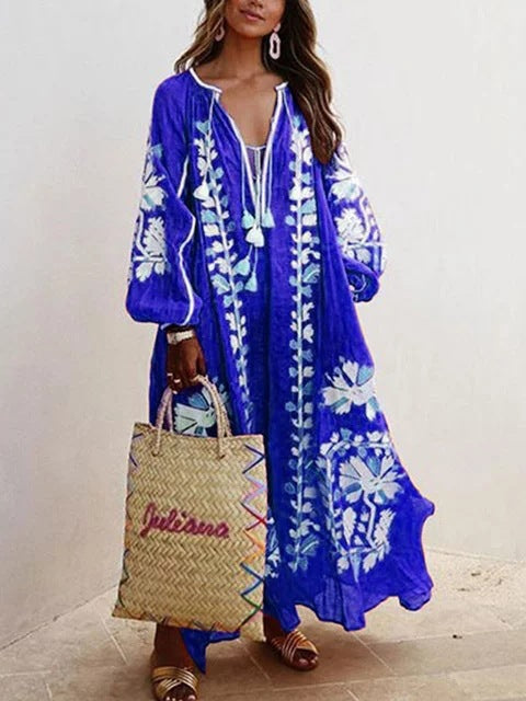 Women Printed Boho Casual Dress V Neck Holiday Maxi Dress MMr12 Furdela