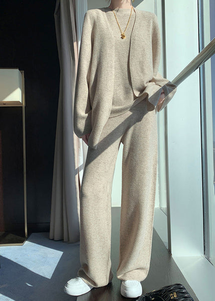 Natural Light Camel V Neck Woolen Cardigan Waistcoat And Wide Leg Pants Three Piece Set Fall WV030 ABC