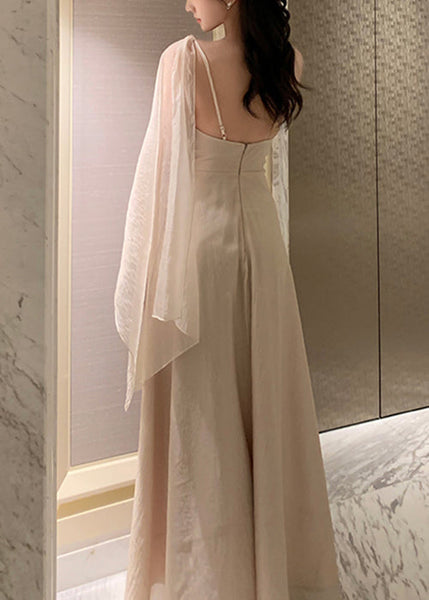 Summer Silk Solid Asymmetrical Apricot Maxi Dresses Elegant FashionChic
