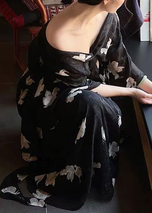 Stylish Black V Neck Print Chiffon Long Dress Half Sleeve QP027 OL-SDL241001