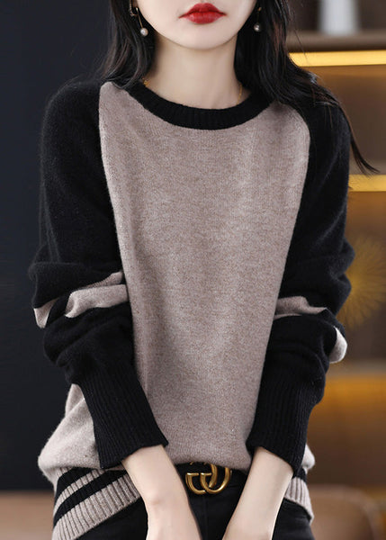 French Black Striped Patchwork Cashmere Knit Sweater Fall QP025 OL-NTP241001