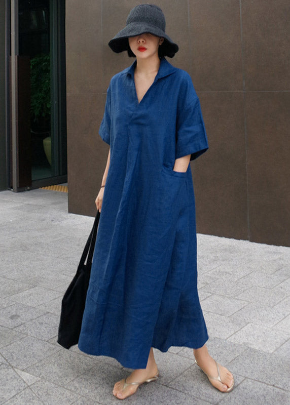 Wrinkled Open Sleeve Side Dress Linen Blue Short FashionChic