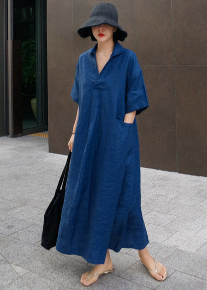 Wrinkled Open Sleeve Side Dress Linen Blue Short FashionChic