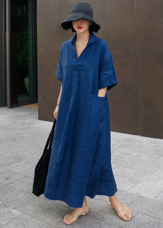 Wrinkled Open Sleeve Side Dress Linen Blue Short FashionChic