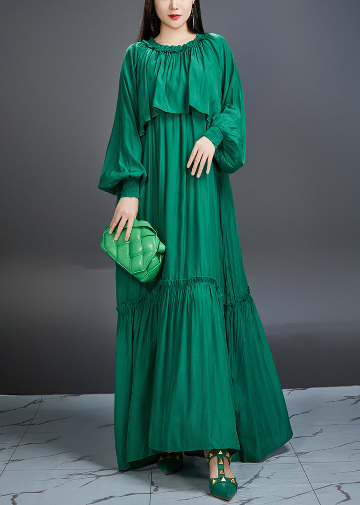 Italian Green Ruffled Pockets Tie Waist Cotton Maxi Dress Fall AJ1028 JDML-240909