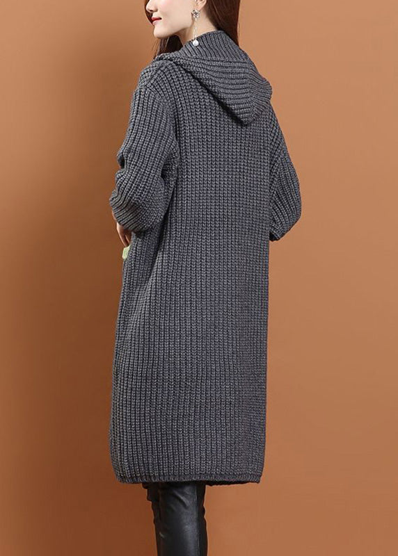 Handmade Grey Pockets Button Cotton Knit Long Hooded Cardigans Winter WD027 OL-NCT241103