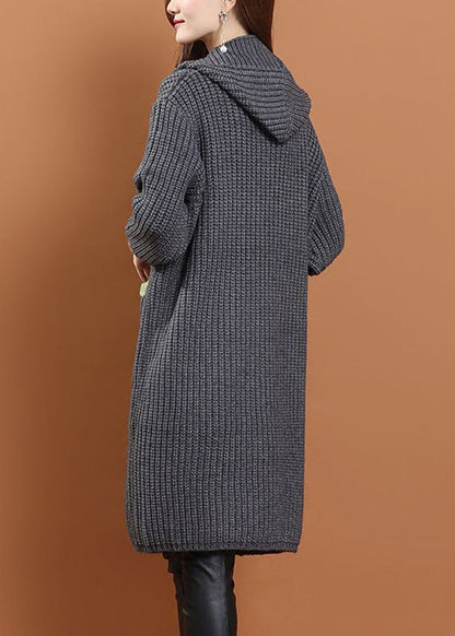 Handmade Grey Pockets Button Cotton Knit Long Hooded Cardigans Winter WD027 OL-NCT241103