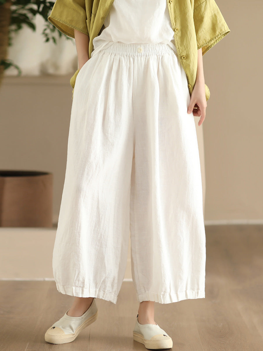 Women Summer Vintage Solid Linen Wide-leg Pants FD038 ZMMM