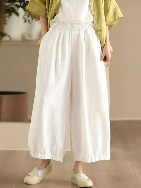 Women Summer Vintage Solid Linen Wide-leg Pants FD038 ZMMM