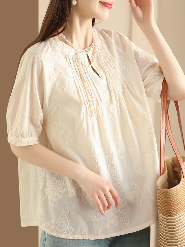 Women Artsy Solid Jacquard Shirred Cotton Loose Shirt XX1018 Ada Fashion