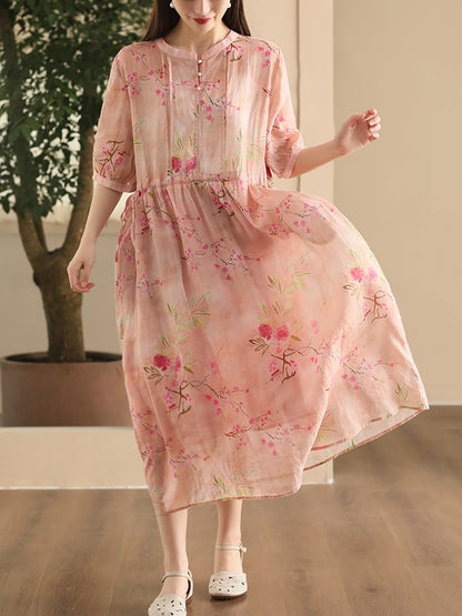 Women Summer Vintage Floral Strap Ramie Dress CX008 ZMMM