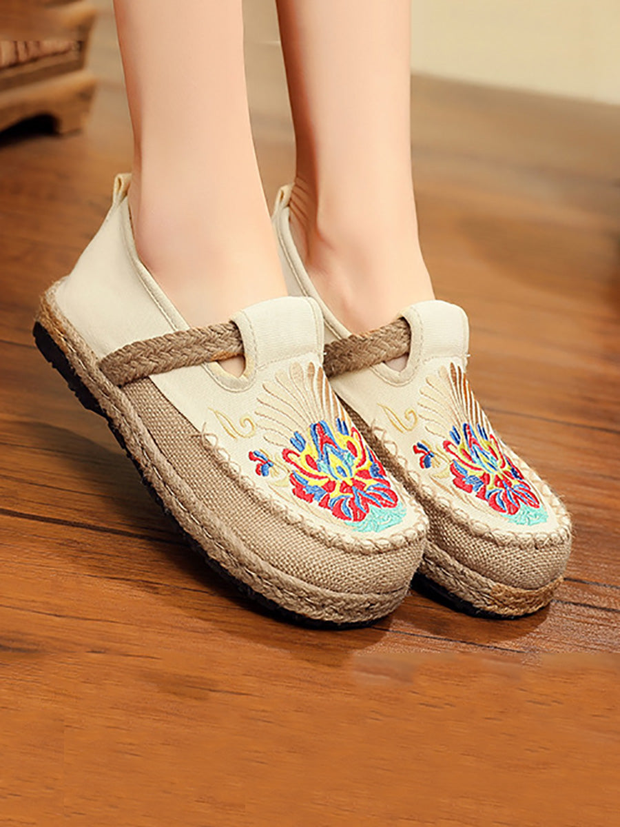 Women Summer Ethnic Embroidery Cloth Linen Flat Shoes AH1011 TACH