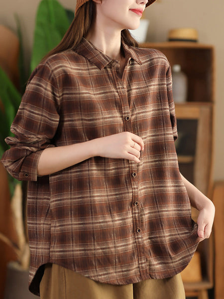 Women Autumn Vintage Plaid Button-up Cotton Blouse AI1031 ZMMM