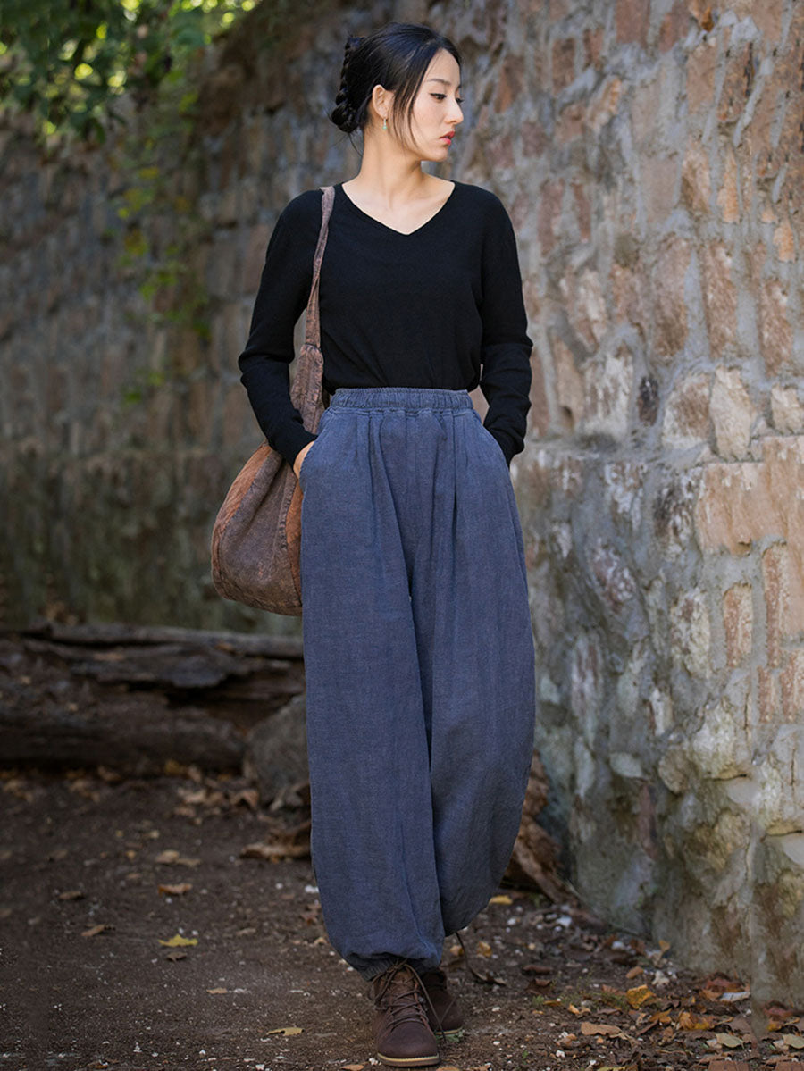 Women Vintage Autumn Solid Loose Ramie Cuffed Pants AT1013 BXF