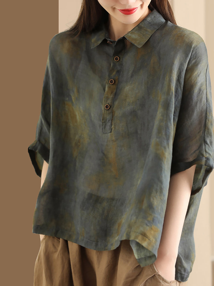 Women Summer Vintage Tie-dye POLO Ramie Shirt OO1045 LPP