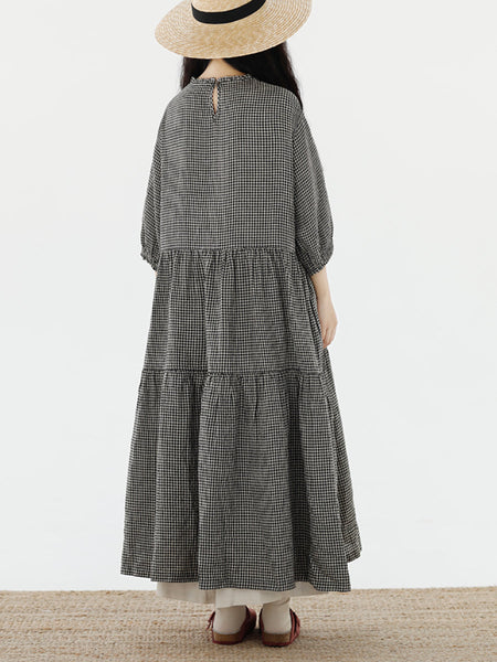 Plus Size Women Artsy Plaid Spliced 100%Cotton Tiered Dress SC1064 Ada Fashion