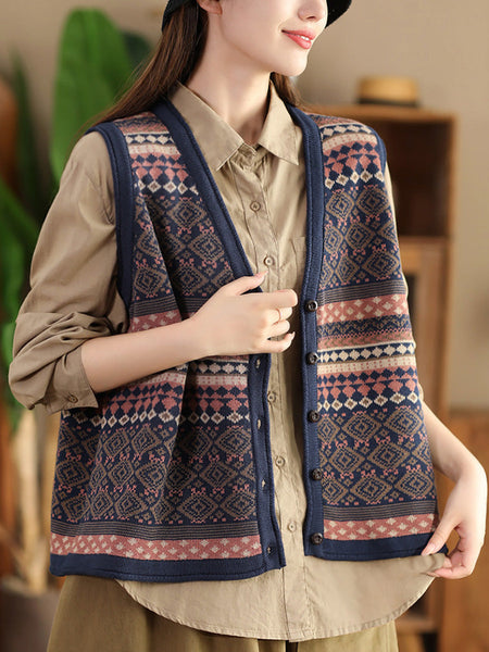 Women Ethnic Stripe V-Neck Cotton Vest WG027 BUYKUD
