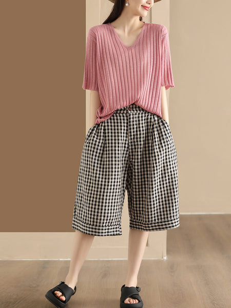 Women Summer Casual Plaid Linen Wide-leg Pants PP1028 BUYKUD
