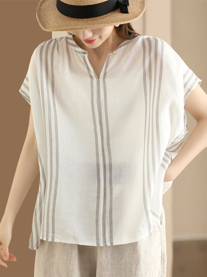 Women Summer Artsy Stripe V-Neck Thin Linen Shirt CV1053 Ada Fashion