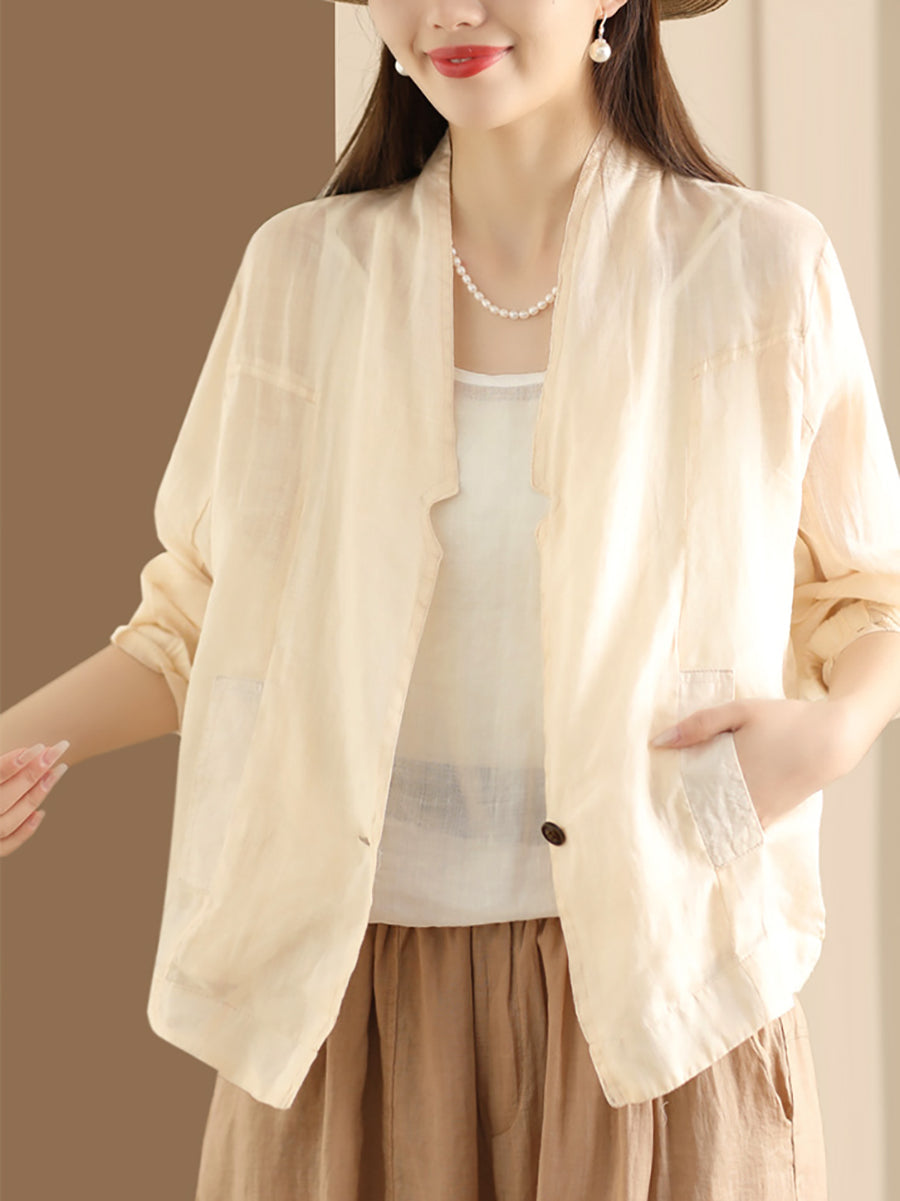 Women Vintage Solid Summer Ramie Thin Cardigan Shirt Coat SC1056 Ada Fashion