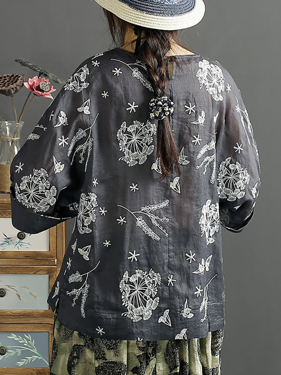 Women Vintage Embroidery Solid Ramie Shirt AA1012 Ada Fashion