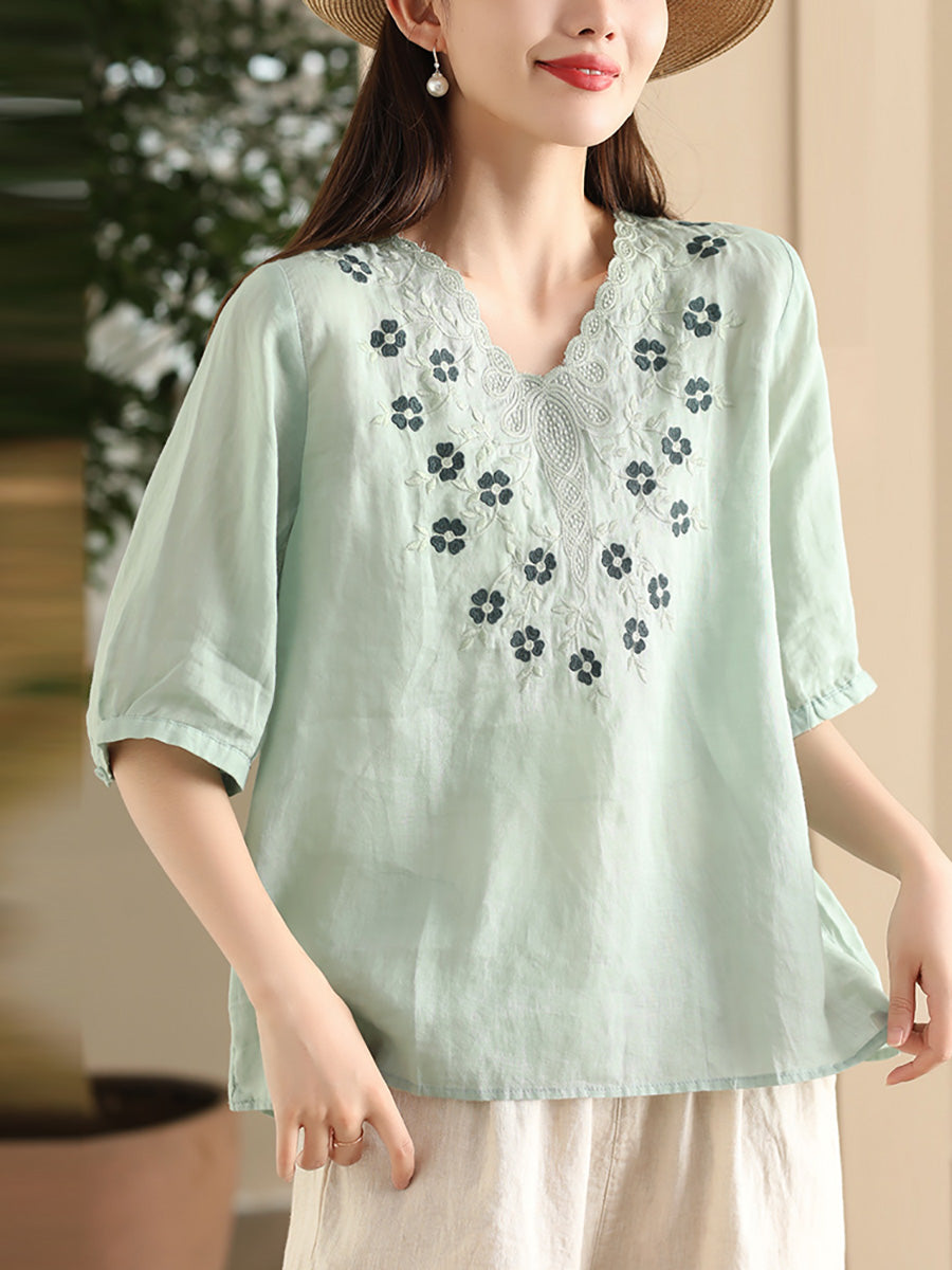 Women Summer Artsy Flower Embroidery Ramie V-Neck Shirt CC030 LPP
